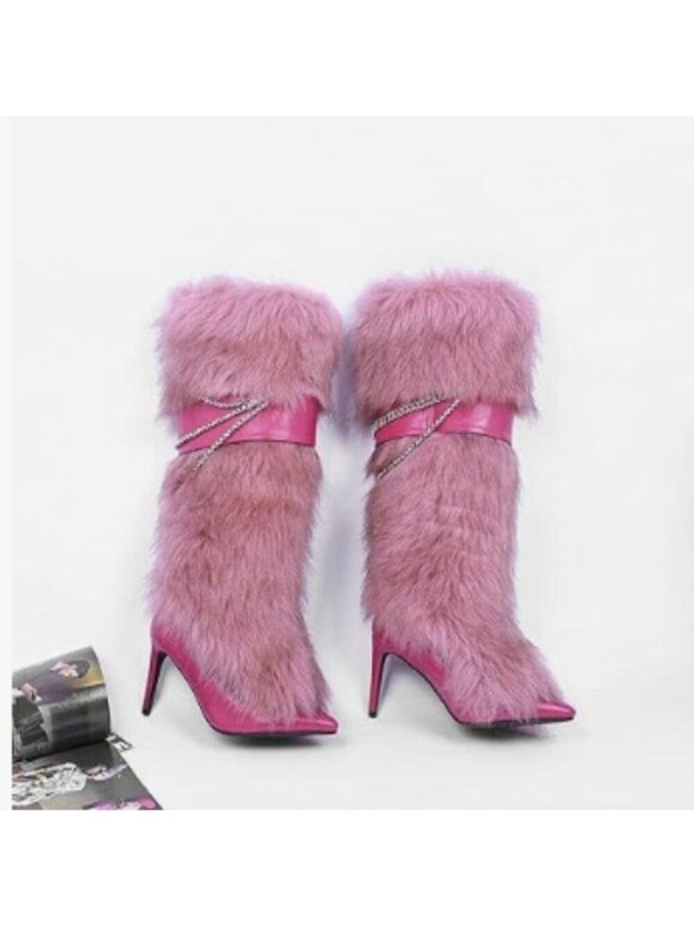 Pink Fluffy Boots for Women Knee High Wide Calf with Heel Fluffy Snow Boots